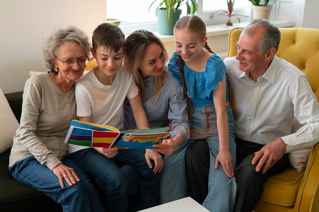 Grandparents reading Family Journal
