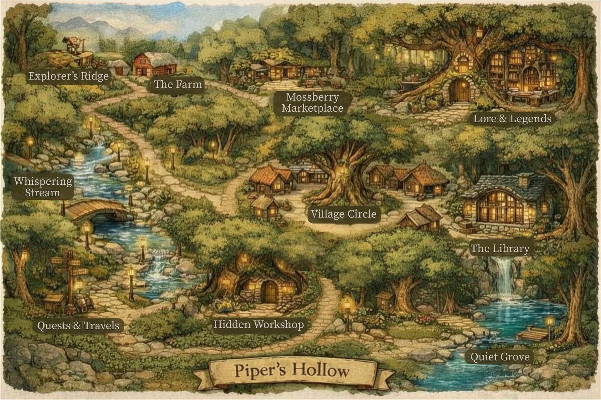 Map of Piper's Hollow — click a location to navigate